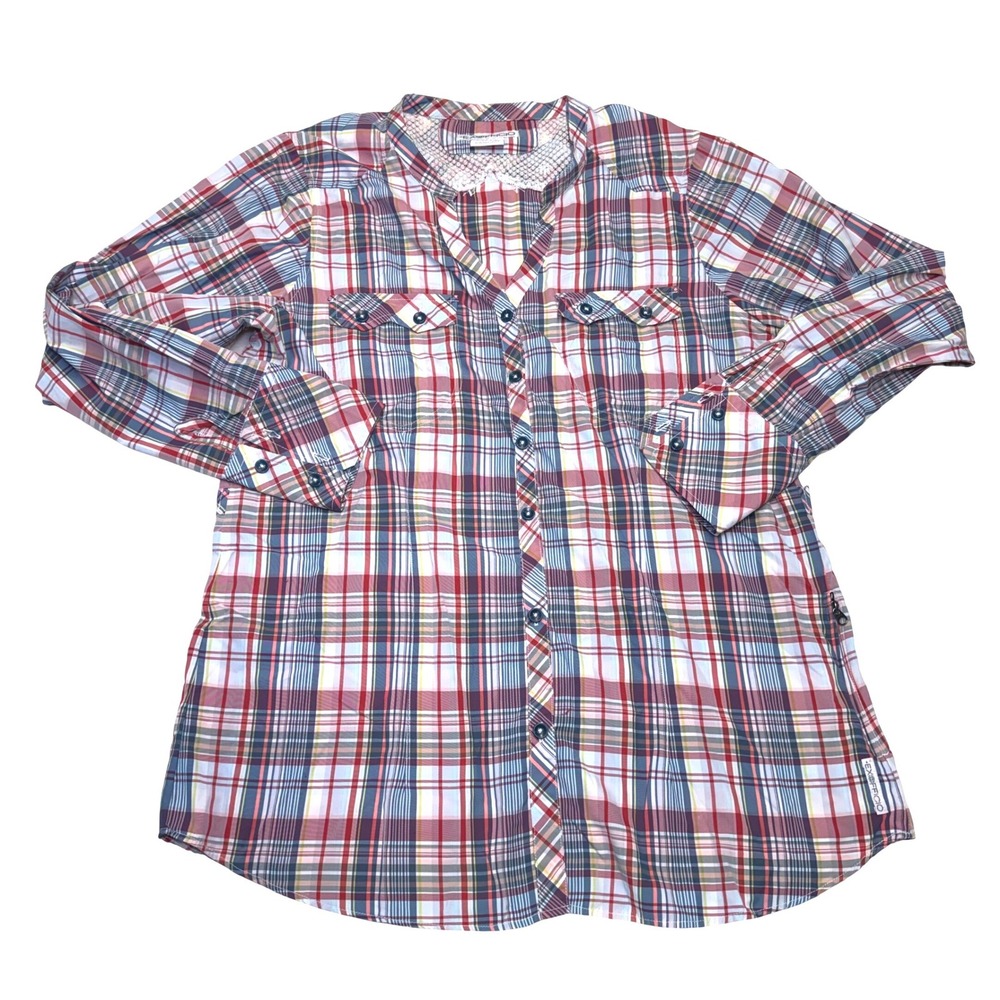 ExOfficio Womens Large Plaid Button Down‎ Shirt Red Blue Nylon Hiking Gorpcore